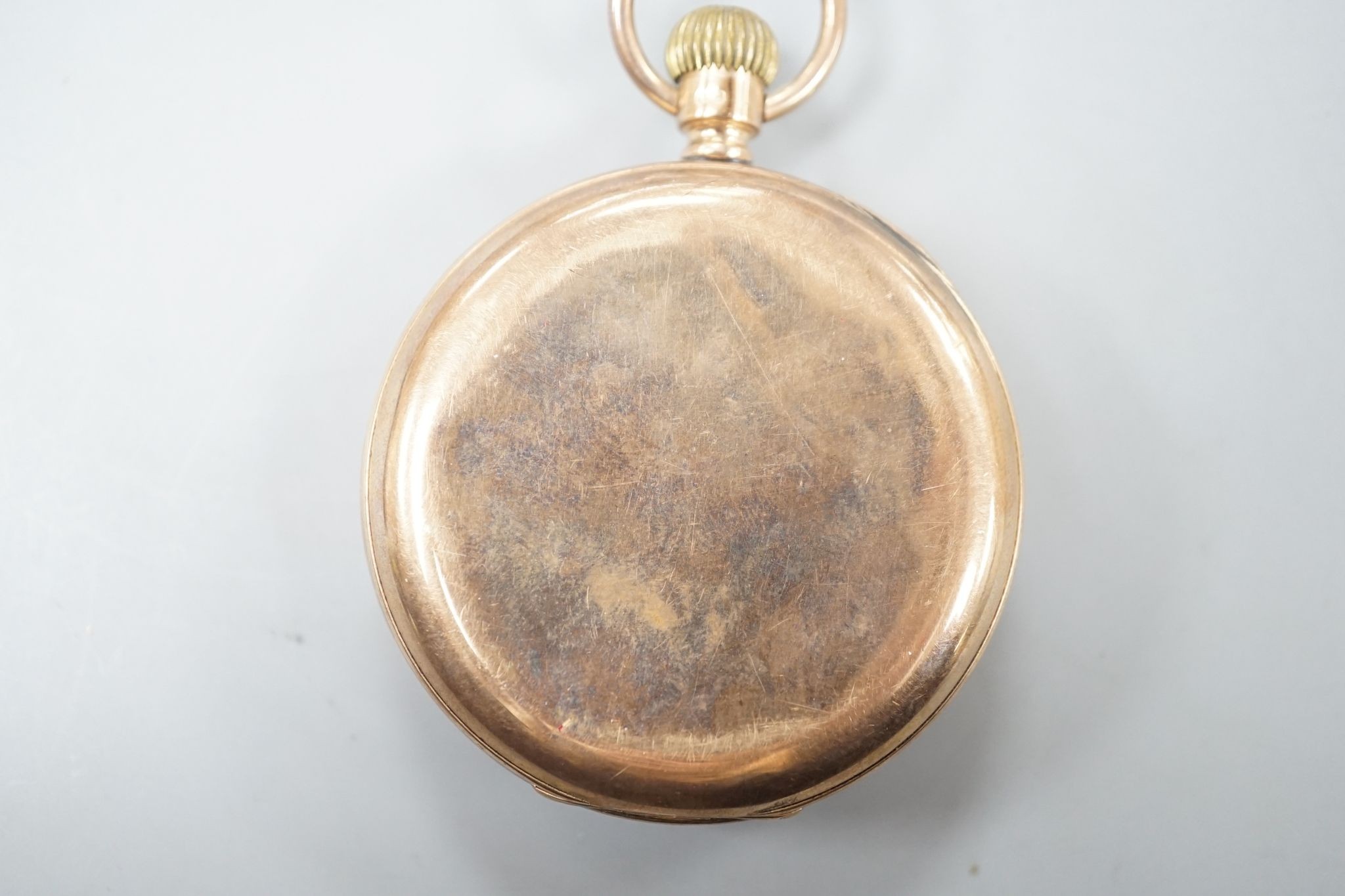 A George V 9ct gold open faced keyless pocket watch by Tomas Russell & Son, Liverpool, with Roman dial and subsidiary seconds, case diameter 49mm, gross weight 86.2 grams.